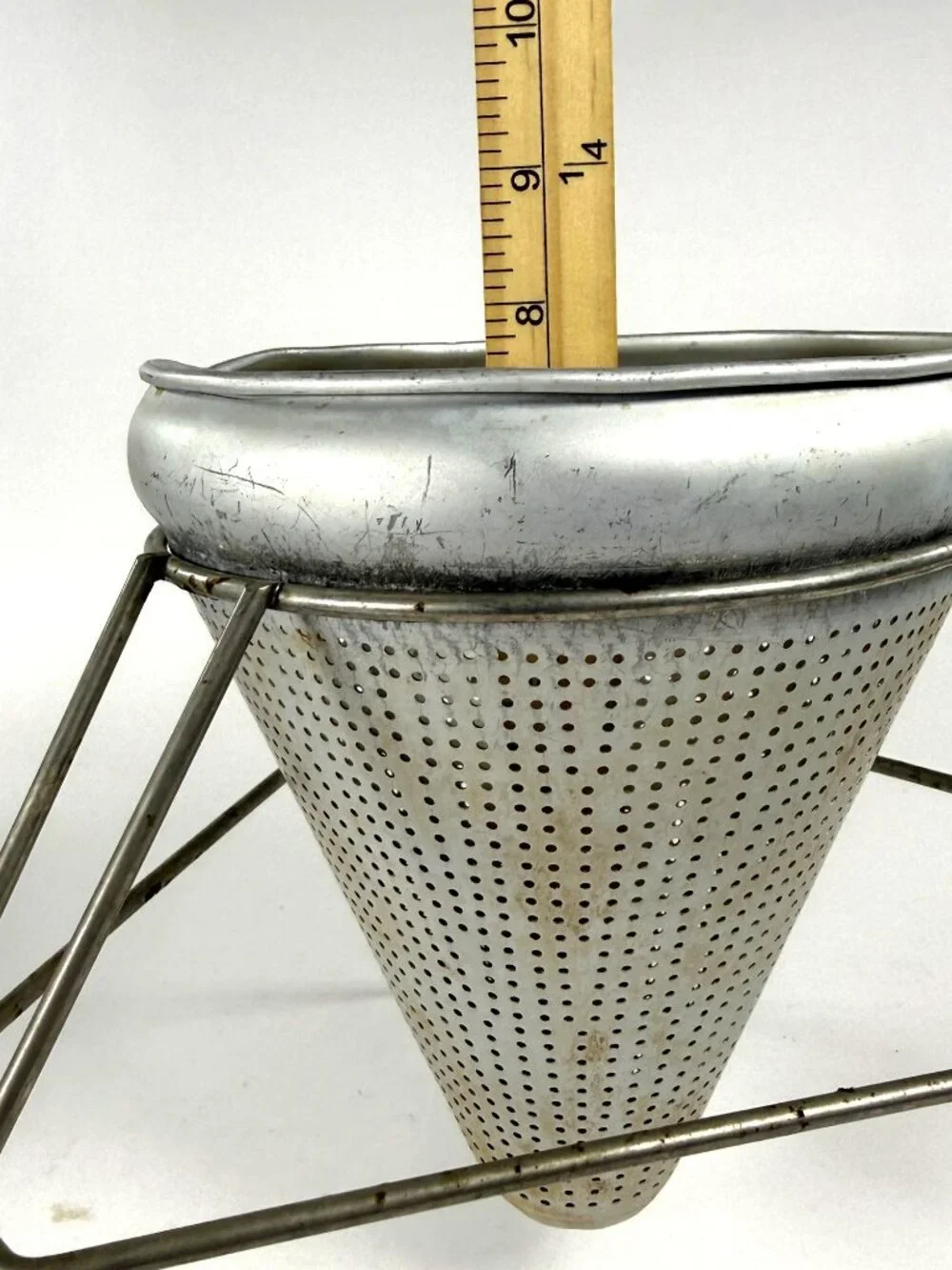 Vintage Cone Fruit Vegetable Strainer Colander Wood pestle Food Sieve Aluminum
